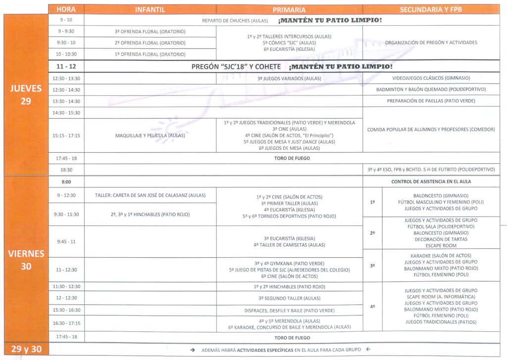 Programa de fiestas de las fiestas de Escolapios 2018. Actividades.