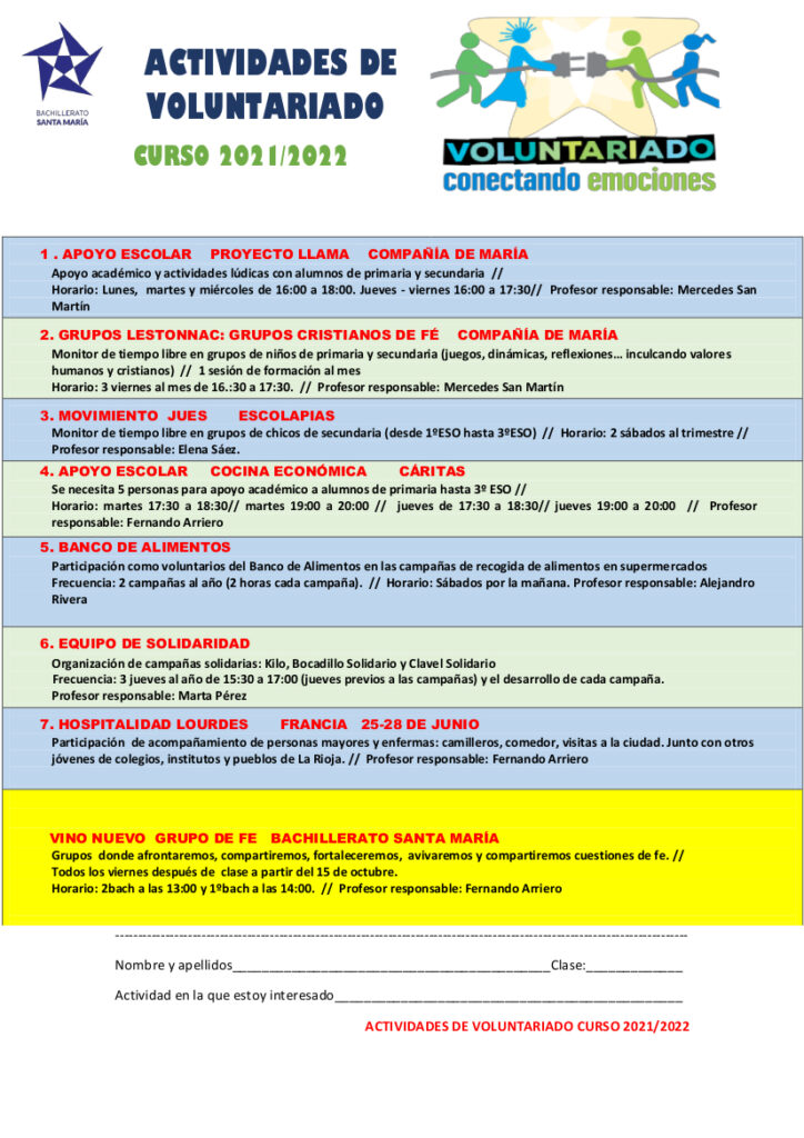 Actividades de voluntariado bachillerato Santa María curso 21-22