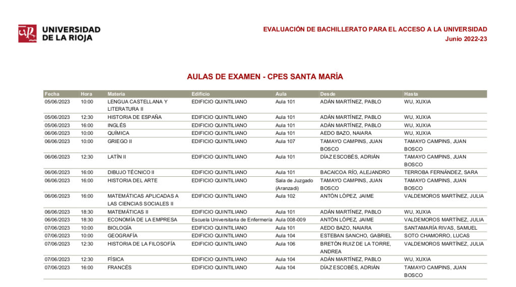Santa Maria aulas de examen EBAU 2023
