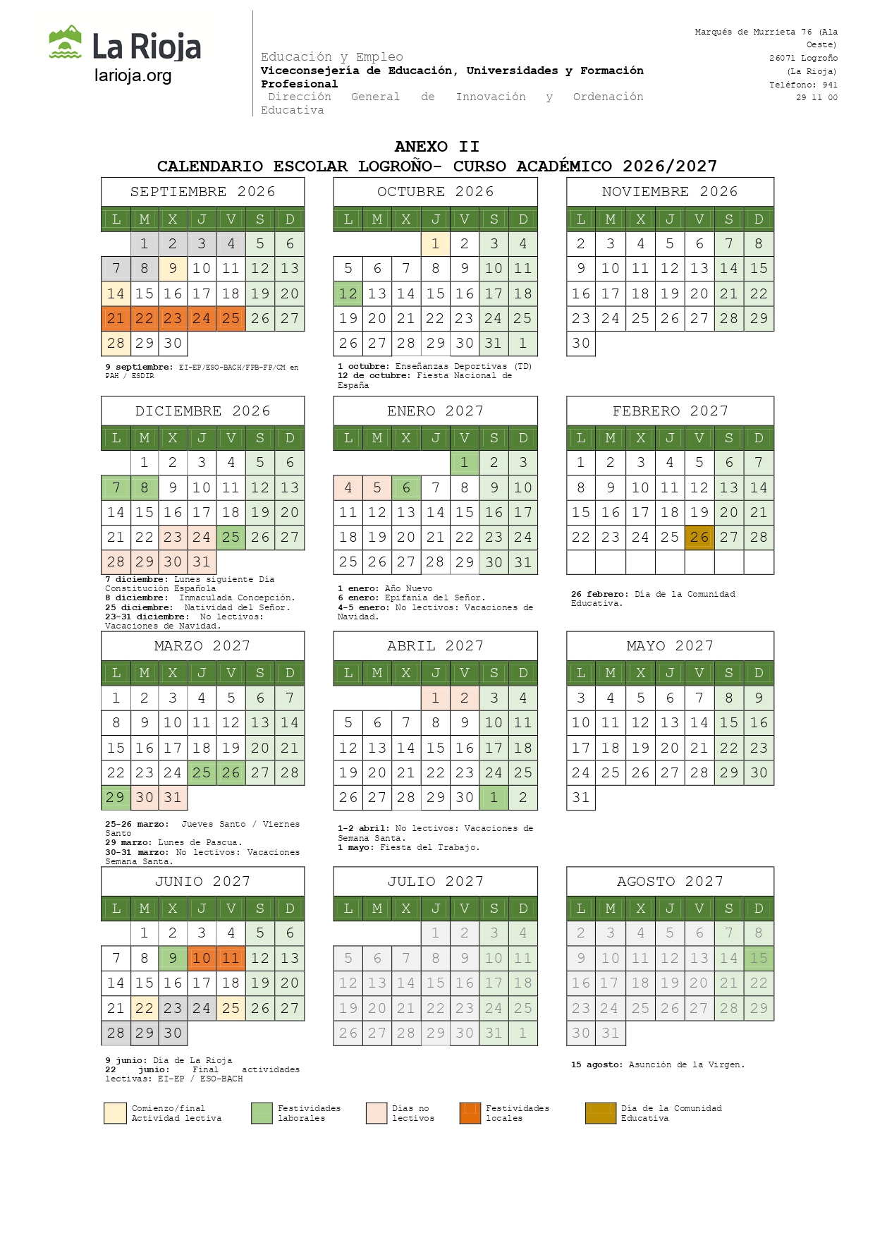 Calendario escolar LOGRONO 26-27